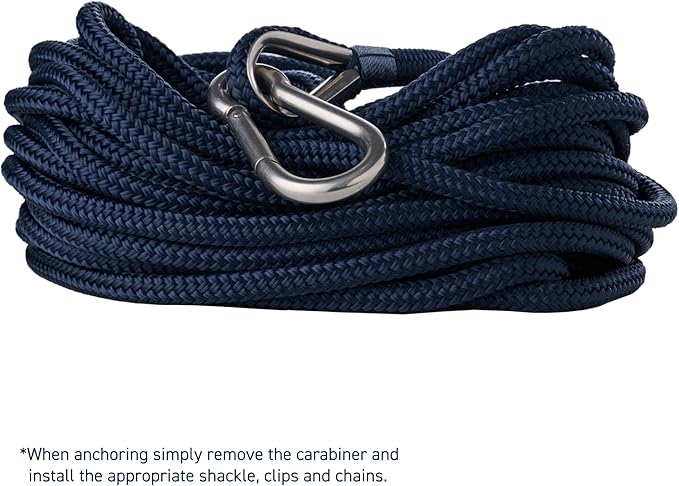 RainierSupplyCo Boat Anchor Rope - Double Braided Marine Rope Anchor Line - 50 ft x 3/8 Inch Nylon Boating Line with 316 Stainless Steel and Heavy Duty Marine Grade Bow Shackle - Navy Blue