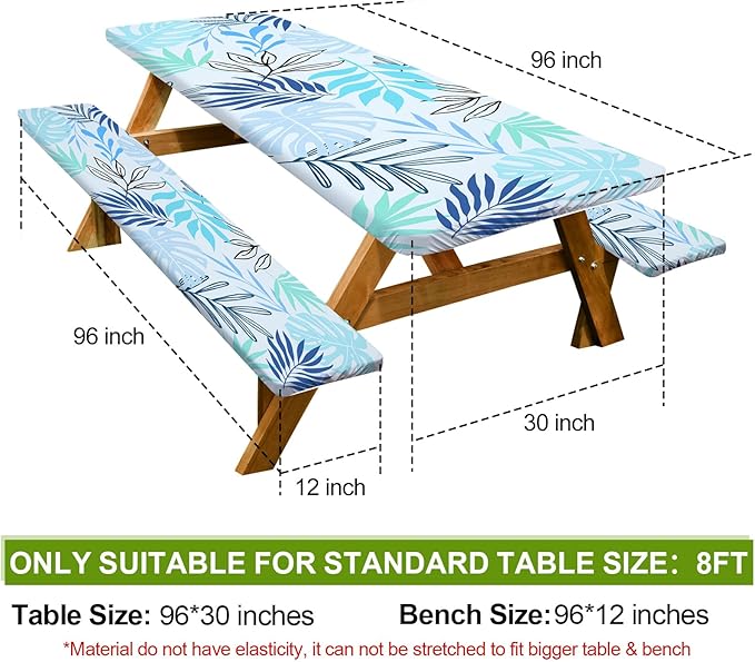 Picnic Table Cover with Bench Covers Camping Essentials Waterproof Windproof Camping Tablecloth with Drawstring Bag, Fitted Rectangle Tables and Seats, 96in, Light Green Blue