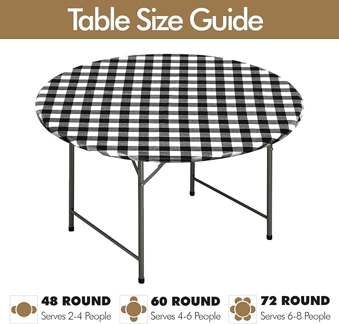 Fitable 4 Pack Vinyl Fitted Tablecloth Round, Black and White - Waterproof Checkered Elastic Tablecloth Flannel Backed Gingham Table Cover for Outdoor Picnic Dining (Fit for 36"-44" Round Tables)