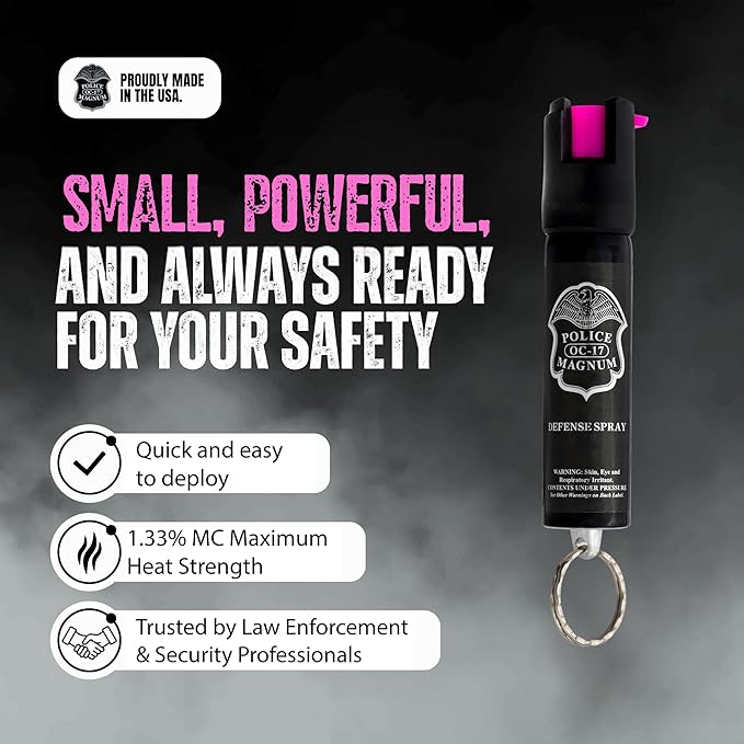Police Magnum Small Pepper Spray Self Defense Safety Tool- Strong Built-in Keychain Holder- Compact Discreet Canister- Made in The USA- 1 Pack 3/4oz Twist Lock Keyring