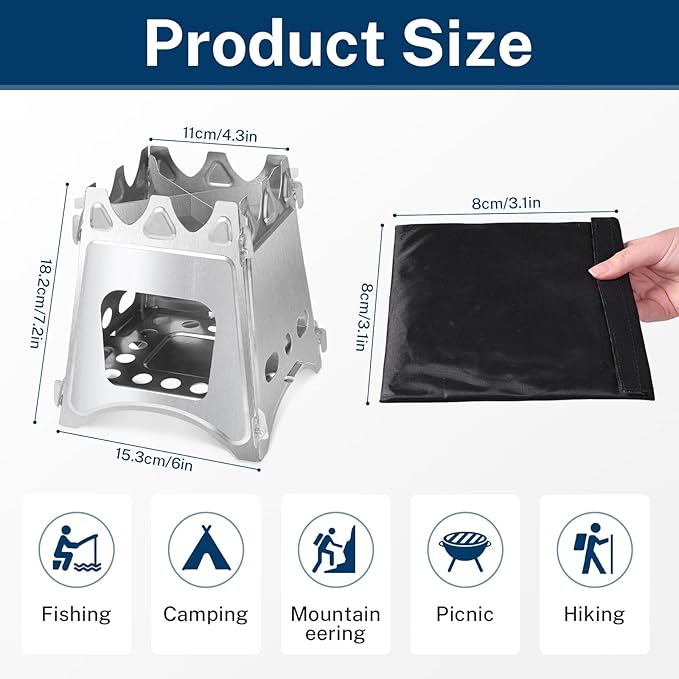 Folding Wood Burning Stove, Outdoor Portable Camping Stove, Wood Backpacking Stove, Stainless Steel Hiking Stove for BBQ Picnic