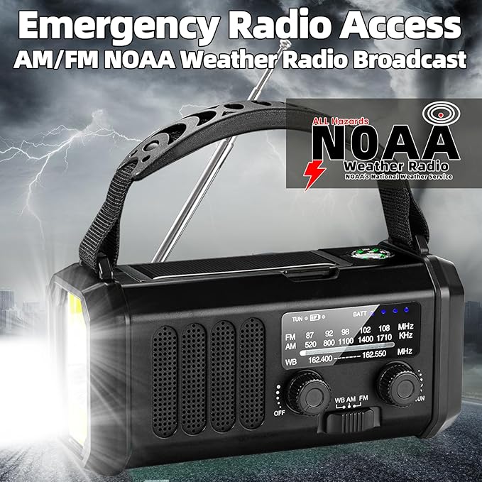 Hand Crank Emergency Radio,37000mWh Solar Powered Portable NOAA AM FM Weather Radio with 3Mode Flashlight and Reading Light,Cell Phone Charger,Home and Emergency Distress Signal (Black)