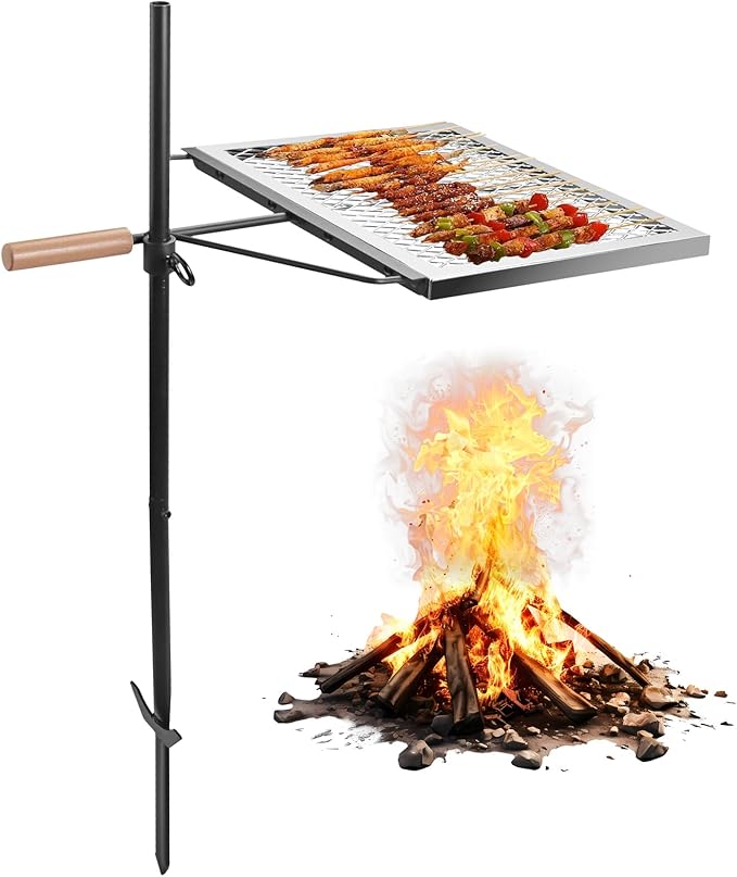 Swivel Campfire Grill Grate, Height 35", 360° Adjustable Heavy Duty Steel Campfire Grill with Insulated Wooden Handle, Portable Fire Pit Cooking Grate, for Camping Outdoor BBQ Cooking Open Fire