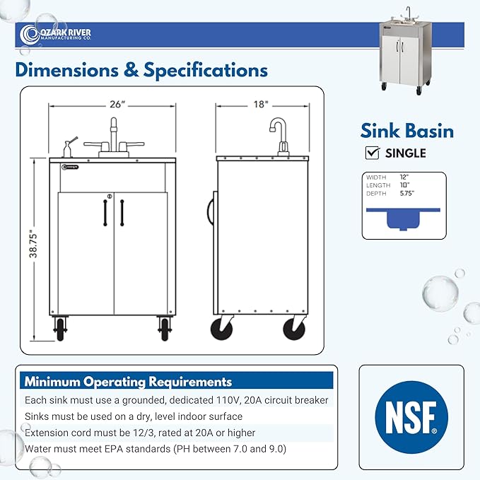 Ozark River Portable Sinks Elite LS1, Free Standing Portable Concession Sink, Commercial Restaurant Portable Sink with Hot Water, Stainless Food Service Sink, White Doors-White Edges