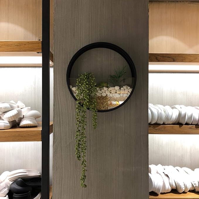 3 Pack Set Wall Planters,Modern Round Glass Wall Planter Succulent Planter Circle Iron Hanging Planter Vase for Herb,Small Cactus Perfect for Balcony, Room and Patio Decor (Black)