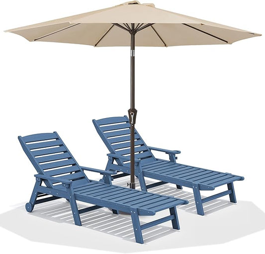 SERWALL Patio Chaise Lounge Chair Set of 2 with 9FT Patio Umbrella, 78'' HDPE Outdoor Lounger 5 Positions Adjustable, Poly Lounge Chair with Rolling Wheels & Cup Holder for Pool,Blue
