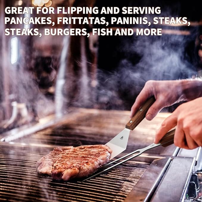 GRILLGEN 6-Piece Professional Griddle Accessories Kit for Griddle Cooking, Premium Rosewood Handles Spatulas Set with Scraper, Santoku Knife, Carving Fork, Storage Bag, Flat Top Grill Accessories