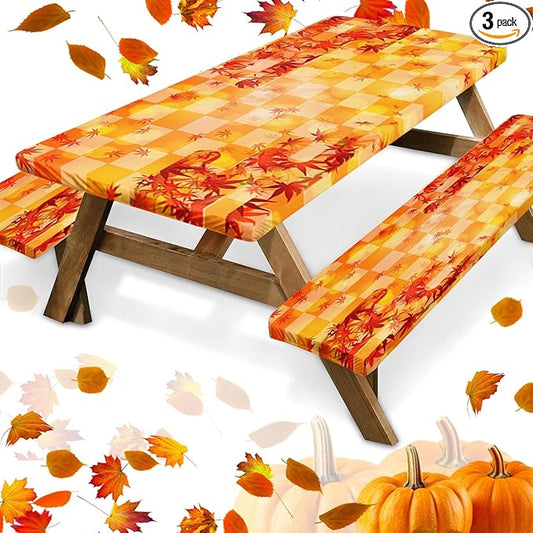 Picnic Table Cover with Bench Covers Elastic Edges, Fall Fitted Table Cover, Outdoor Patio Camping Essentials 72 Inch 3PCS, Waterproof Camping Fitted Tablecloth with Drawstring Bag