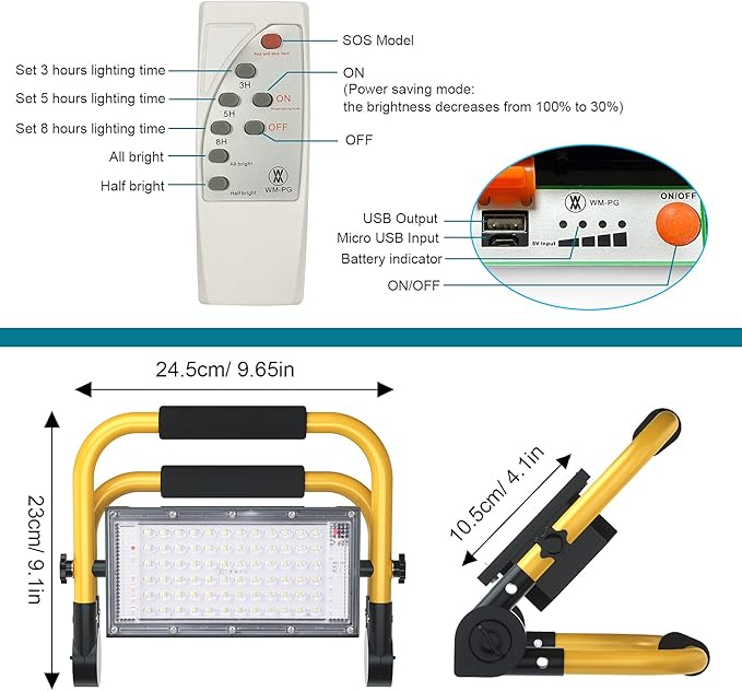 ERAY LED Construction Spotlight, LED Work Light 8000LM 13500mAh LED Work Light 2 Charging Methods / 4 Modes/Power Bank/Remote Control/Timer / 70 LED, LED Solar Construction Light for Camping