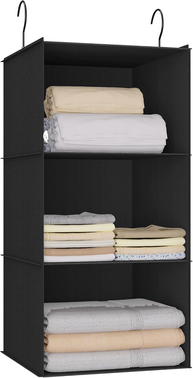 Hanging Closet Organizer - 3-Shelf, Easy Mount Foldable Wardrobe Storage Shelves for Clothes, Handbags, Shoes & Accessories - Washable Oxford Cloth Fabric, Black