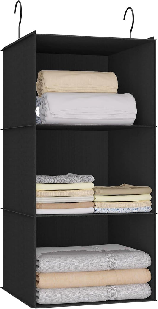 Hanging Closet Organizer - 3-Shelf, Easy Mount Foldable Wardrobe Storage Shelves for Clothes, Handbags, Shoes & Accessories - Washable Oxford Cloth Fabric, Black