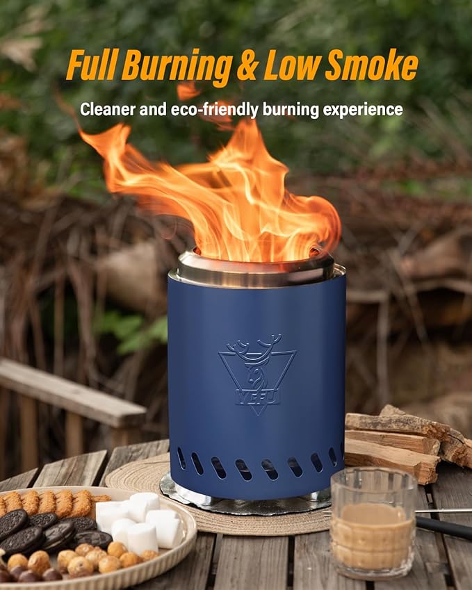 YEFU Tabletop Fire Pit 9.7 x 7.1 in, Low Smoke Camping Stove for Outdoor & Patio, Fueled by Pellets or Wood, Safe Burning Table Top Firepit, with Travel Bag & 2 Mini Sticks & Fireproof Mat, Blue
