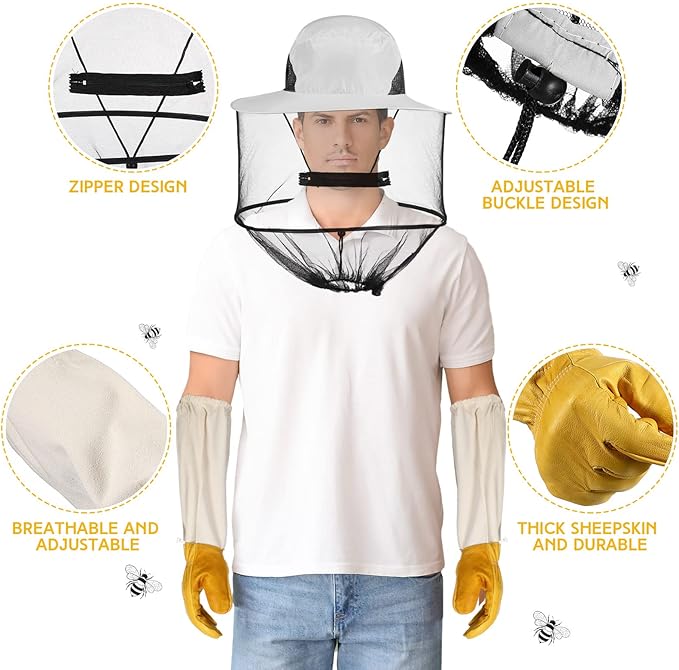 Xuhal Bee Keeping Hats and Gloves Includes Thick Goatskin Leather Bee Gloves with Ventilated Sleeves and Bee Keeper Fencing Veil Mosquito Hats Sun Hat with Hidden Net Mesh Mask