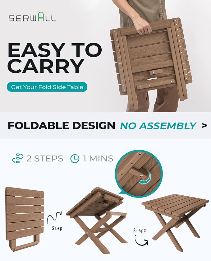 SERWALL Folding Outdoor Side Table, HDPE Adirondack End Table, No Assembly Required Small Table for Indoor and Outdoor Use, Brown