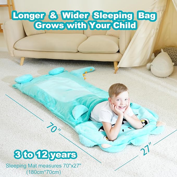 Kid Sleeping Bag with Pillow - Larger Toddler Nap Mat - Plush Slumber Bag for Boys Girls Daycare Preschool Kindergarten Birthday Gift Travel Sleepover Ages 3-12 Years