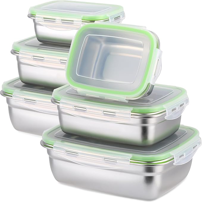 Nuanchu 6 Packs Stainless Steel Food Storage Containers Airtight Metal Food Containers Meal Prep Container Leak Proof Stackable Bento Lunch Box with Lids for Kitchen Travel Picnic and Camping(Green)