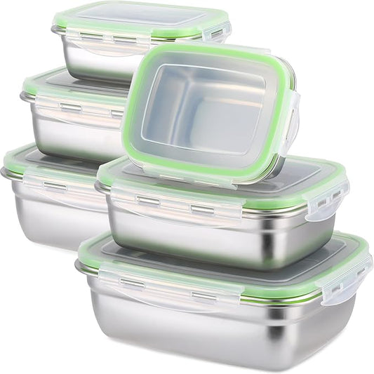 Nuanchu 6 Packs Stainless Steel Food Storage Containers Airtight Metal Food Containers Meal Prep Container Leak Proof Stackable Bento Lunch Box with Lids for Kitchen Travel Picnic and Camping(Green)