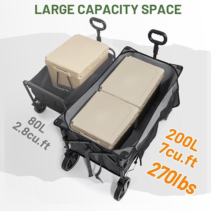 TIMBER RIDGE Collapsible Wagon Cart with Brakes, 200L Large Capacity Compact Portable Easy to Carry Folding Wagon, Utility Grocery Cart for Camping, Gardening, Shopping