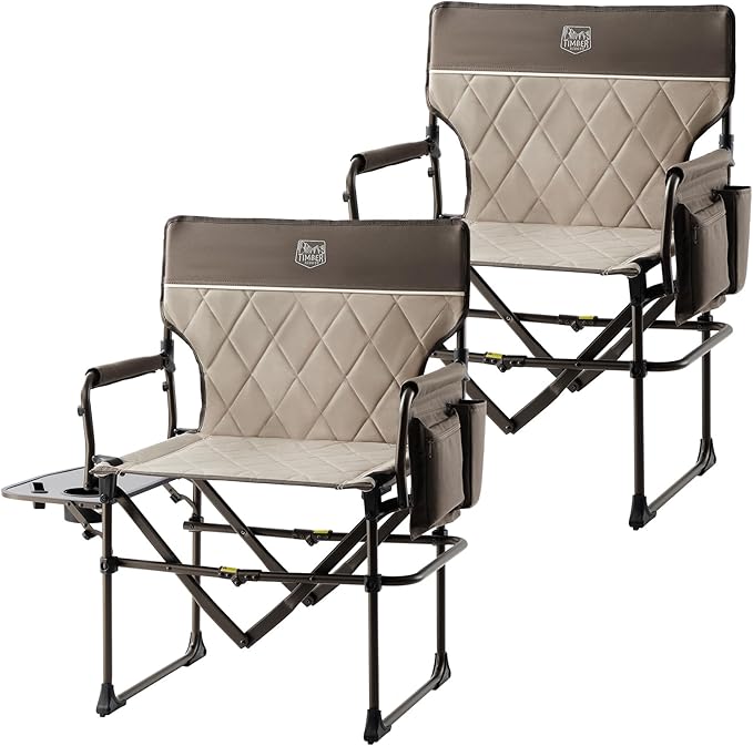 TIMBER RIDGE Aluminum Camping Directors Chair with Side Table Pocket, Portable Folding Chair, Heavy Duty Lawn Chair for Fishing Trip Picnic Concert Outdoor 400lbs, Tan 2 Pack