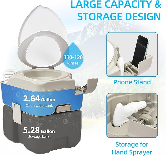 YITAHOME Portable Toilet Camping Porta Potty with Diagonal Enlargerd Bowl, Hand Sprayer and Press Flush Pump, 5.28 Space Saving Indoor Outdoor Toilet for Adults, RV Travel, Boat and Trips
