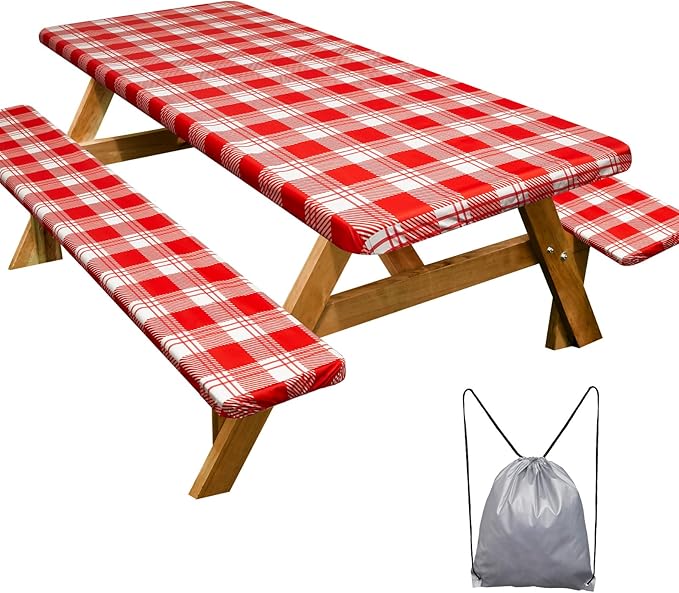 Picnic Table Cover with Bench Covers Camping Essentials Waterproof Windproof Camping Tablecloth with Drawstring Bag, Fitted Rectangle Tables and Seats, 60in, Red Checkered