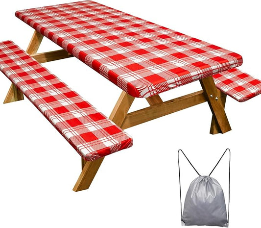 Picnic Table Cover with Bench Covers Camping Essentials Waterproof Windproof Camping Tablecloth with Drawstring Bag, Fitted Rectangle Tables and Seats, 60in, Red Checkered