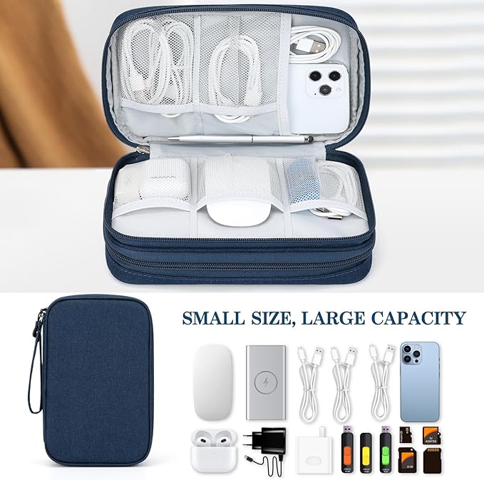 FYY Electronic Organizer, Large Travel Cable Organizer Bag Pouch Electronic Accessories Carry Case Portable Waterproof Double Layers All-in-One Storage Bag for Cable, Cord, Charger, Phone, Navy
