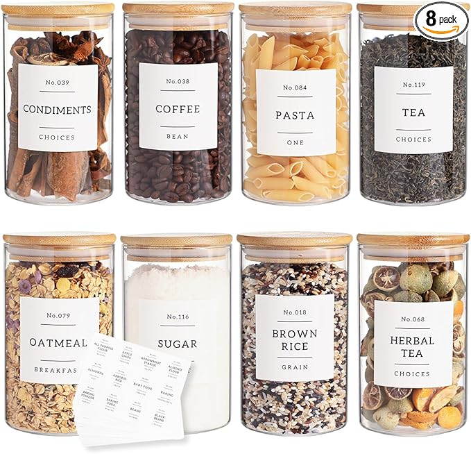 8 Pack Glass Jar with Airtight Bamboo Lid and White 132 Kichen Pantry Labels Preprinted - 21 Oz Clear Round Glass Food Storage Containers set For Tea Coffee Sugar Spice