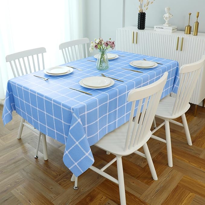 Romanstile Rectangle Plastic Tablecloth, 100% Waterproof Oil-Proof Checkered PVC Table Cloth, Heavy Duty Vinyl Table Cover for Dining, Camping, Picnic, Outdoor - 54 x 120 Inch, Light Blue