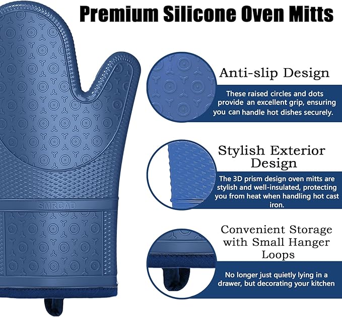 Oven Mitts with Heat-Resistant Hot Pads and Five Silicone Spatulas Designed for Kitchen Baking Cooking, Oven Glove Soft Cotton Lining, Waterproof, BPA-Free (Dark Blue, 12.6)