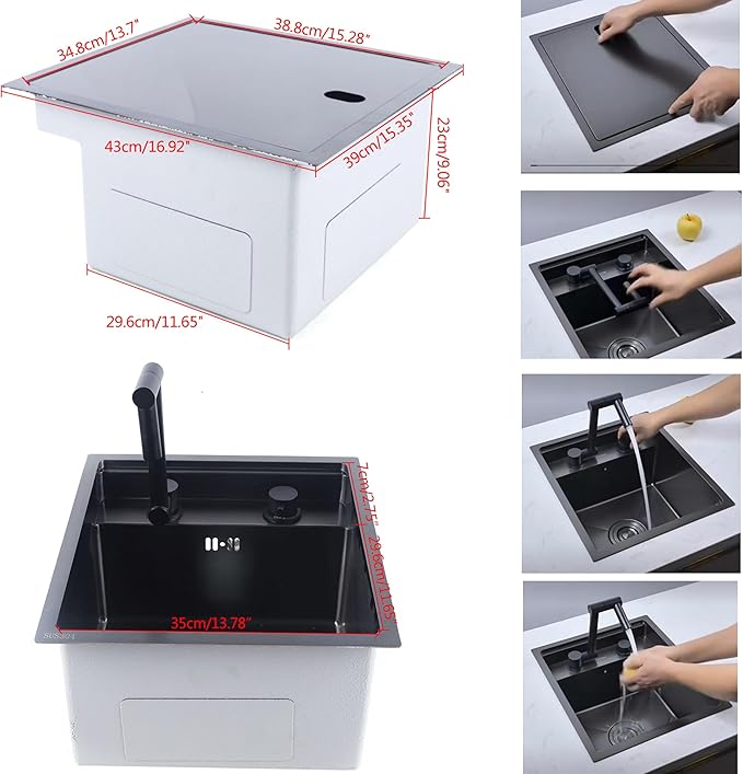 15-inch Hidden RV Kitchen Bar Sink with Folding Faucet, Cover, Drain Pipe and Strainer Full Set, Small Stainless Steel Prep Sink for Workstation, RV, Kitchen and Bar(Black)