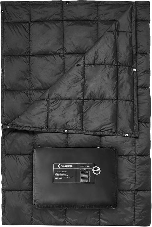 KingCamp Ultralight Camping Blanket, Packable Down Alternative Puffy Wearable Blankets Weatherproof Warm Package Quilt with Snap Buttons for Outdoor Hiking Travel Picnic Stadium (79" x 57", BLACK)