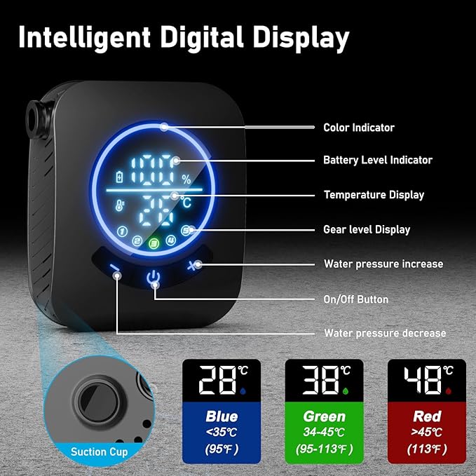 GOSCHE Portable Camping Shower, 8000mAh Rechargeable Outdoor Shower Pump with 20L Collapsible Bucket, Intelligent LED Display, IPX8 Waterproof Pump for RV, Travel, Hiking, Pet Bath, Beach