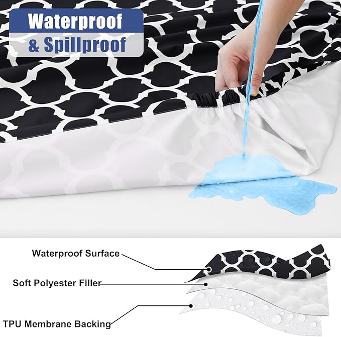 Smiry Picnic Table Cover with Bench Covers, Waterproof Elastic Fitted Tablecloth for 8 Foot Tables, Washable Polyester Tablecloths for Camping, Indoor & Outdoor (Black Morocco, 30x96 Inch 3-pc Set)