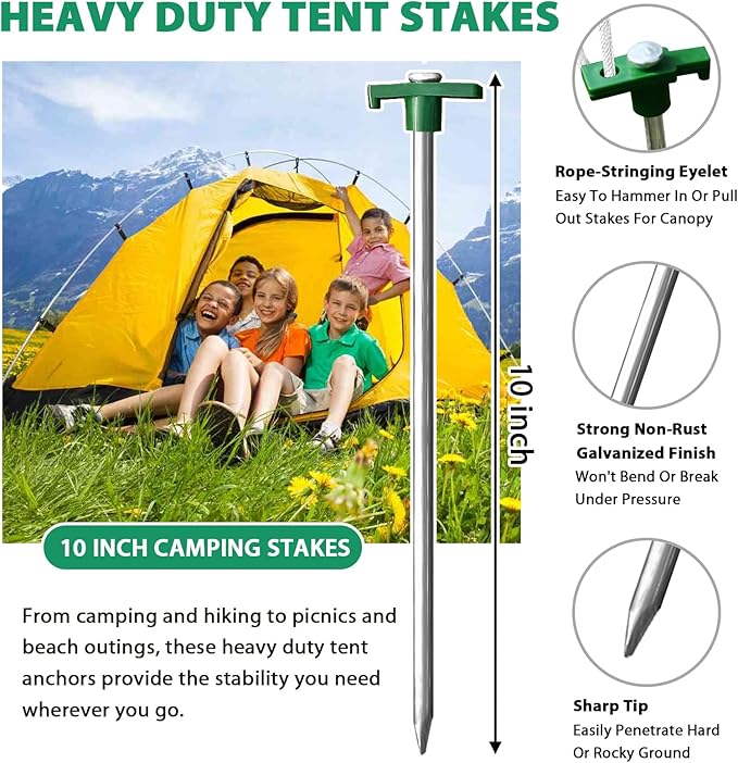 Eurmax USA Galvanized Non-Rust Camping Family Tent Pop Up Tent Stakes Canopy Anchors Heavy Duty 10pc-Pack, with 4x10ft Ropes & 1 Green Stopper