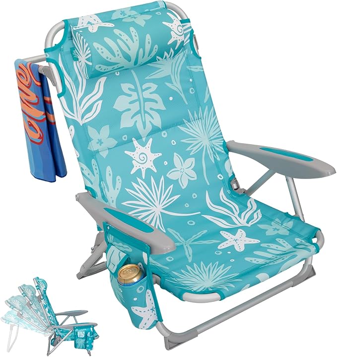 #WEJOY Folding Beach Chair for Adults, 4-Position Aluminum Lightweight Beach Chair, Low Sands Chairs with Shoulder Strap, Cup Holder and Padded Headrest, Supports 265lbs for Lawn