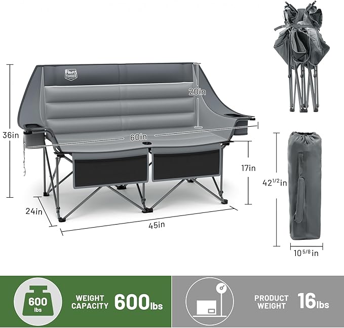 Timber Ridge Double Camping Chair, Heavy Duty Outdoor Folding Camp Couch, Loveseat Camping Chairs Perfect for Campsites, Patio/Lawn, Soccer Games or Other Youth Sports, Supports 600 lbs