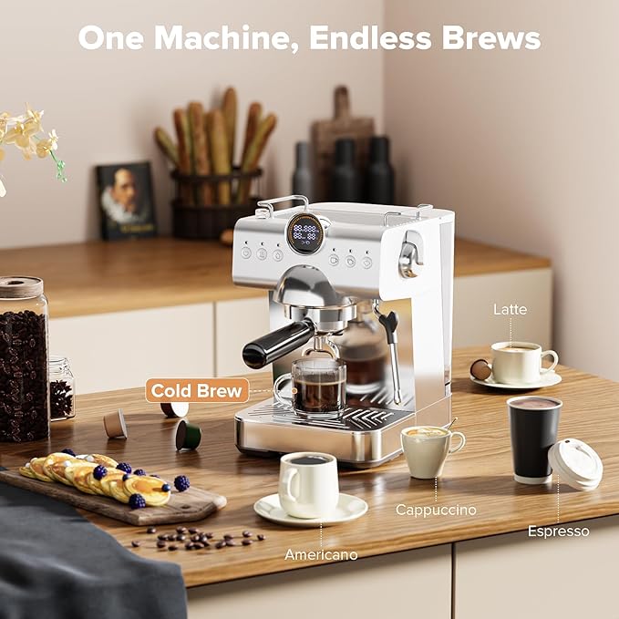 20 Bar Espresso Machine with Cold Brew, Professional Expresso Machines for home, Stainless Steel Espresso Maker with Milk Frother, Auto Sleep Mode, 1.5L Removable Water Tank, for Latte, Cappuccino