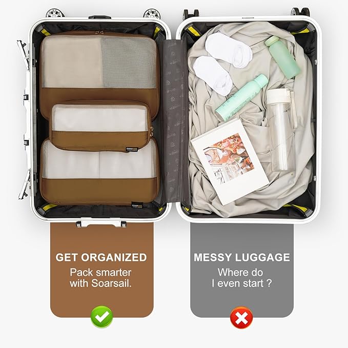 6 Set Compression Packing Cubes for Travel Essentials, Luggage Organizers for Suitcases (Dark Brown)