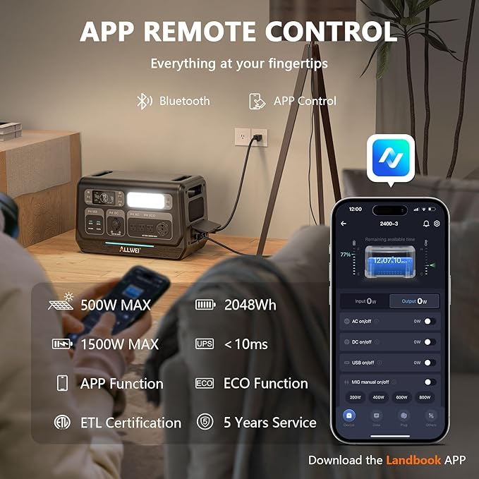 ALLWEI LiFePO4 Solar Generator 2400W(Surge 4800W) with 2x 400W Solar Panels, 2048Wh Portable Power Station, 4 AC Outlet, Expandable to 10240Wh, UPS Battery Generator for Outdoor RV Camping Home Use