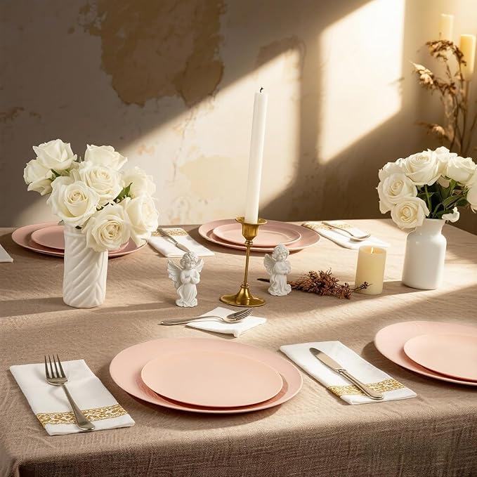 WONDERFUL 32pcs Pink Plates - Reusable Pink Plastic Plates Unbreakable and Reusable Plate Dishwasher safe Dishes Set Includes:16 Dinner 10" and 16 Dessert Plate 7.3" for Wedding Bridal Shower Camping