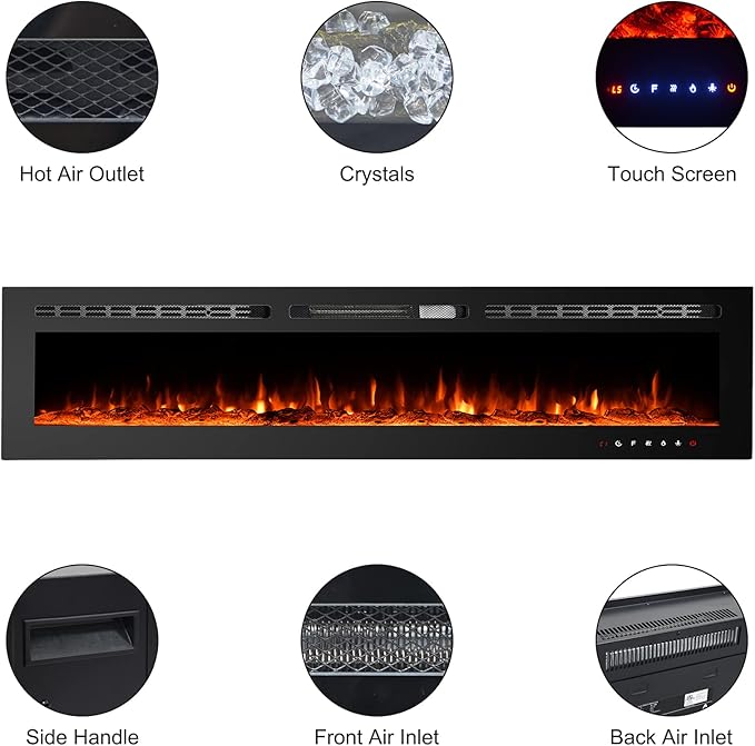 CharaVector 80 inch 750W/1500W Electric Fireplace Inserts with Remote Control in Wall Mounted, Energy Saving LED Insert Fireplace Heater Indoor Glass View with Remote Control & Touch Screen, Black