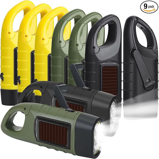 Leelosp 9 Pieces Hand Crank Flashlight Solar Powered Flashlight for Emergencies Dynamo Rechargeable LED Survival Light for Outdoor Sports Hiking Camping(Black,Green,Yellow)