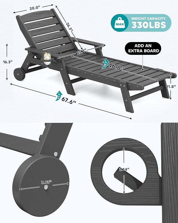 SERWALL Patio Chaise Lounge Chair Set of 8, 5 Positions Adjustable Outdoor Lounge Chair for Pool, Plastic Lounge Chair with Rolling Wheels & Cup Holder for Poolside, Deck, Slate Gray