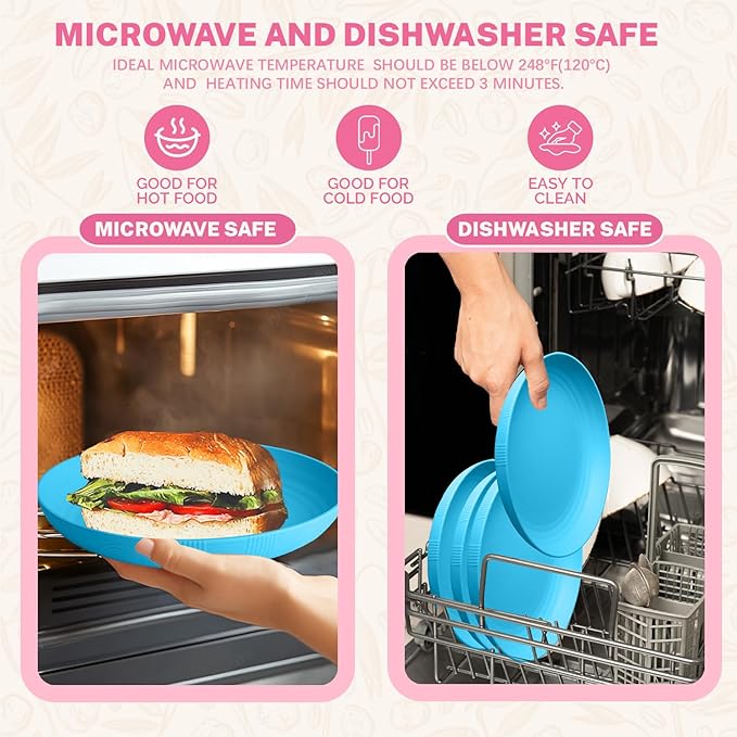 Homienly Wheat Straw Plates, 10 inch Deep Dinner Plates, Service for 8, Unbreakable Plates for Outdoor, Lightweight Microwave and Dishwasher Safe Camping Plate Set for Dinner, Salad, Fruit - Sky Blue