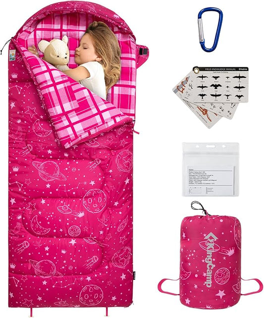 KingCamp 45° F Kids Sleeping Bag, Lightweight Waterproof & Compact Flannel Sleeping Bags Cold Weather & Warm Youth Essentials Gear Accessories for Camping, Fits 10-12 Children up to 5'5" Tall