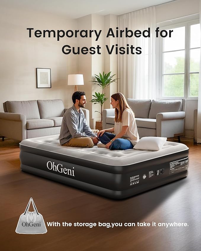 OhGeni Queen Air Mattress with Built in Pump, Inflatable Blow Up Mattress 18 Raised Comfort,Upgraded Surface Portable Mattress, Air Bed for Camping, Home and Guest, Colchone Inflable, 650 lbs Max