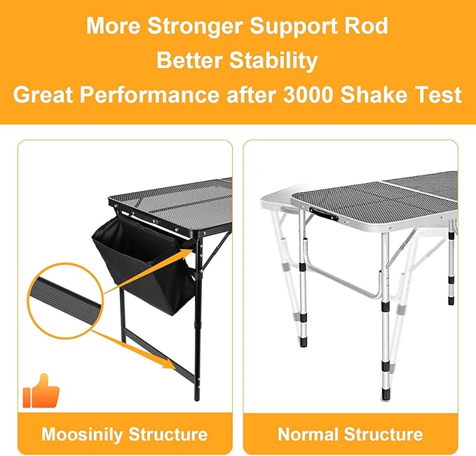Grill Table 4FT Camping Table with 7/15 L Storage Bag 3 Height Adjustable Picnic Table Foldable Folding Portable Stand Mesh Outdoor BBQ