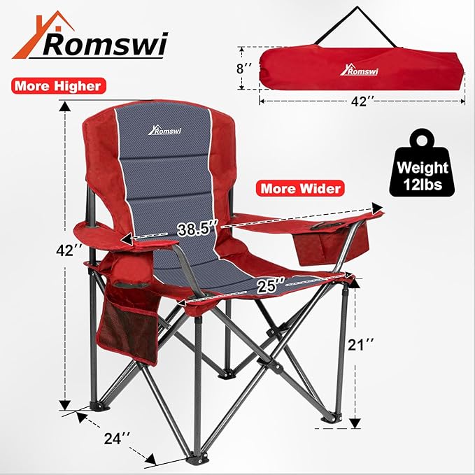Romswi Oversized Camping Chairs,Heavy Duty Support 500 LBS,Padded Back & Arm Sport Chairs, Cup Holder Cooler Bag, Collapsible Folding Chairs for Outdoor, Fishing & Garden, Red,2-Pack