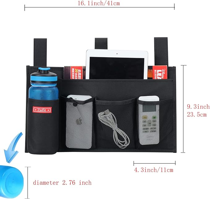 Hanging Bedside Caddy, Bedside Storage Organizer for Magazine, Phone, Remote control (5 Pockets-Black)